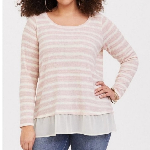 Torrid Sweater Ivory Blush Pink Stripe 2fer Pullover Sheer Hem Scoop Neck - Picture 1 of 8